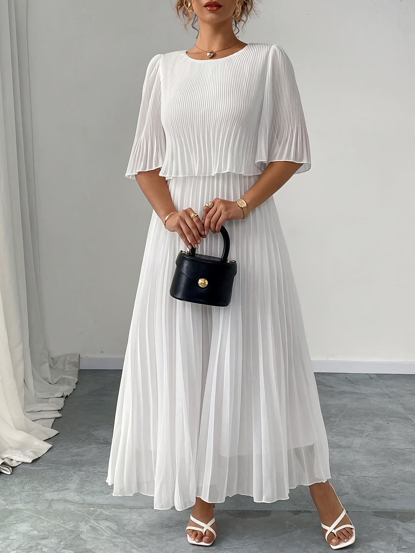 Plus Size Blue Pleated Midi Dress for Women Short Sleeve, Round Neck,  Flowing Design Casual or Formal Occasions, Formal