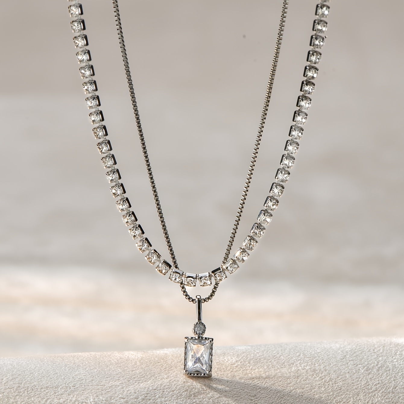 French-Style Double-Layer Square Pendant Necklace for Women