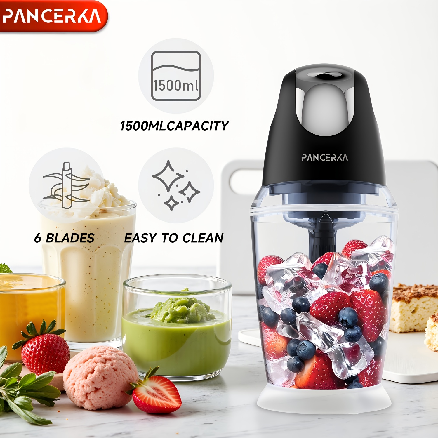 PANCERKA 1500ML elektrinis maisto smulkintuvas su mėsos malūnu, smulkintuvu, kiaušinių plaktuvas ir 6 ašmenimis, skirtas mėsai, kokteiliams, daržovėms, tyrėms, vaisiams, česnakams, didelis/mažas