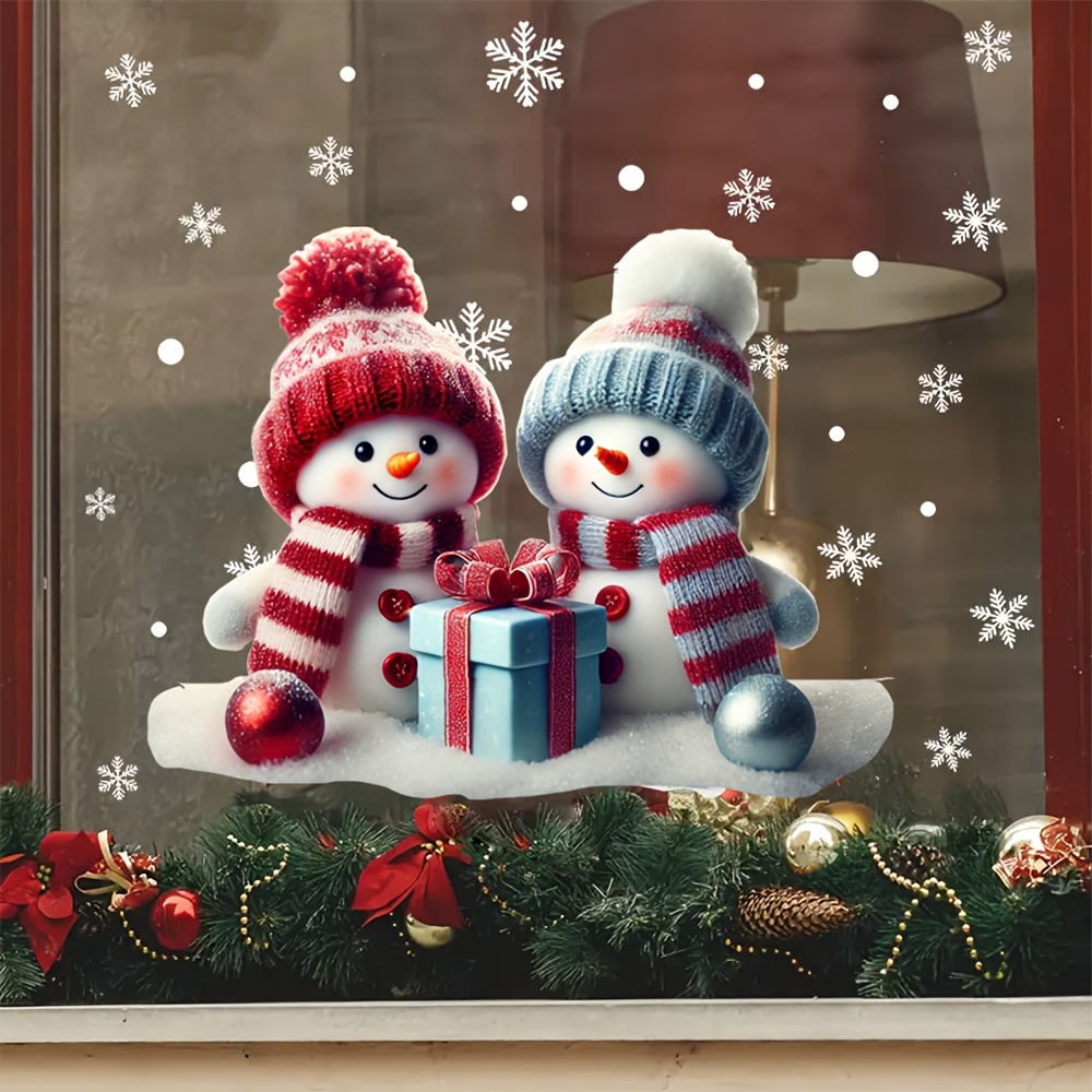 Image of 1pc Christmas Snowman Window Sticker, Double-sided Pvc Static Adhesive Glass Decoration Sticker, Suitable For Holiday And New Year Decoration Gifts