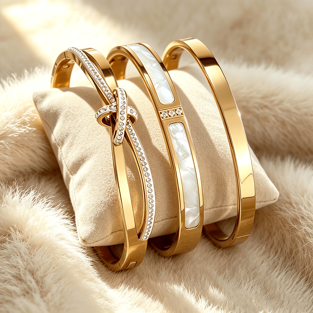 TEMU 3pcs 18k Golden Plated Bangle Set, White Shell And Synthetic Zirconia Knotted Stackable Bangles, Stainless Steel Non-fading Bracelet, Elegant