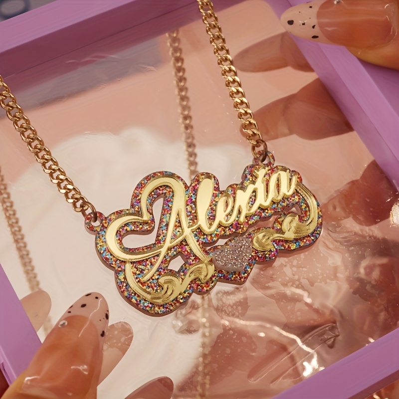 TEMU Personalized Golden Letter Necklace With Colorful Acrylic Pendant – Custom Jewelry For Women, Heart-shaped Design With Sparkling Embellishments,