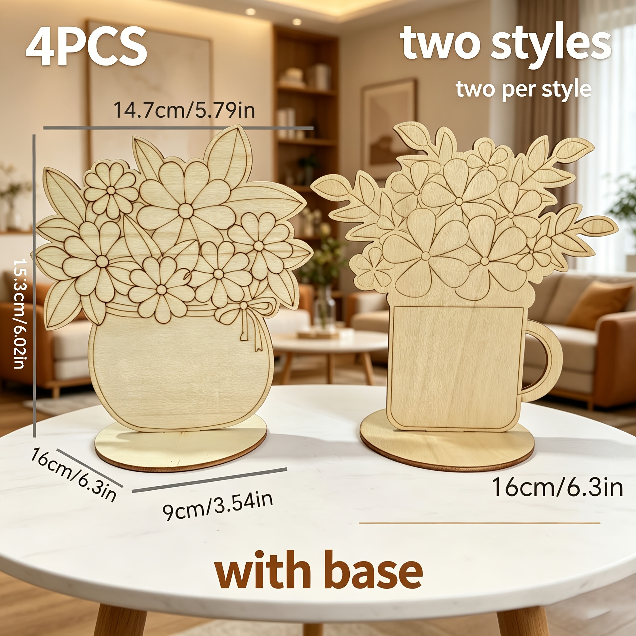 TEMU 4pcs 2-style Wooden Bouquet Ornaments With Bases, Including Basket And Vase Designs, Quantity For Each Style, With Bases, Light And . A ,