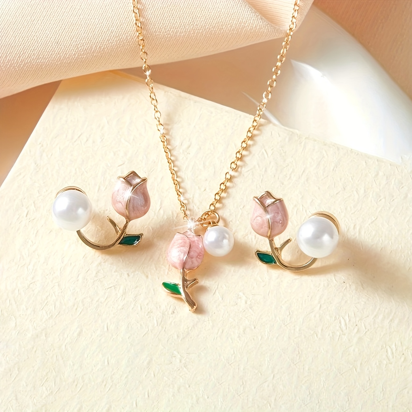 TEMU 2pcs Set Of Pink Tulip Niche Sweet Earrings And Necklace