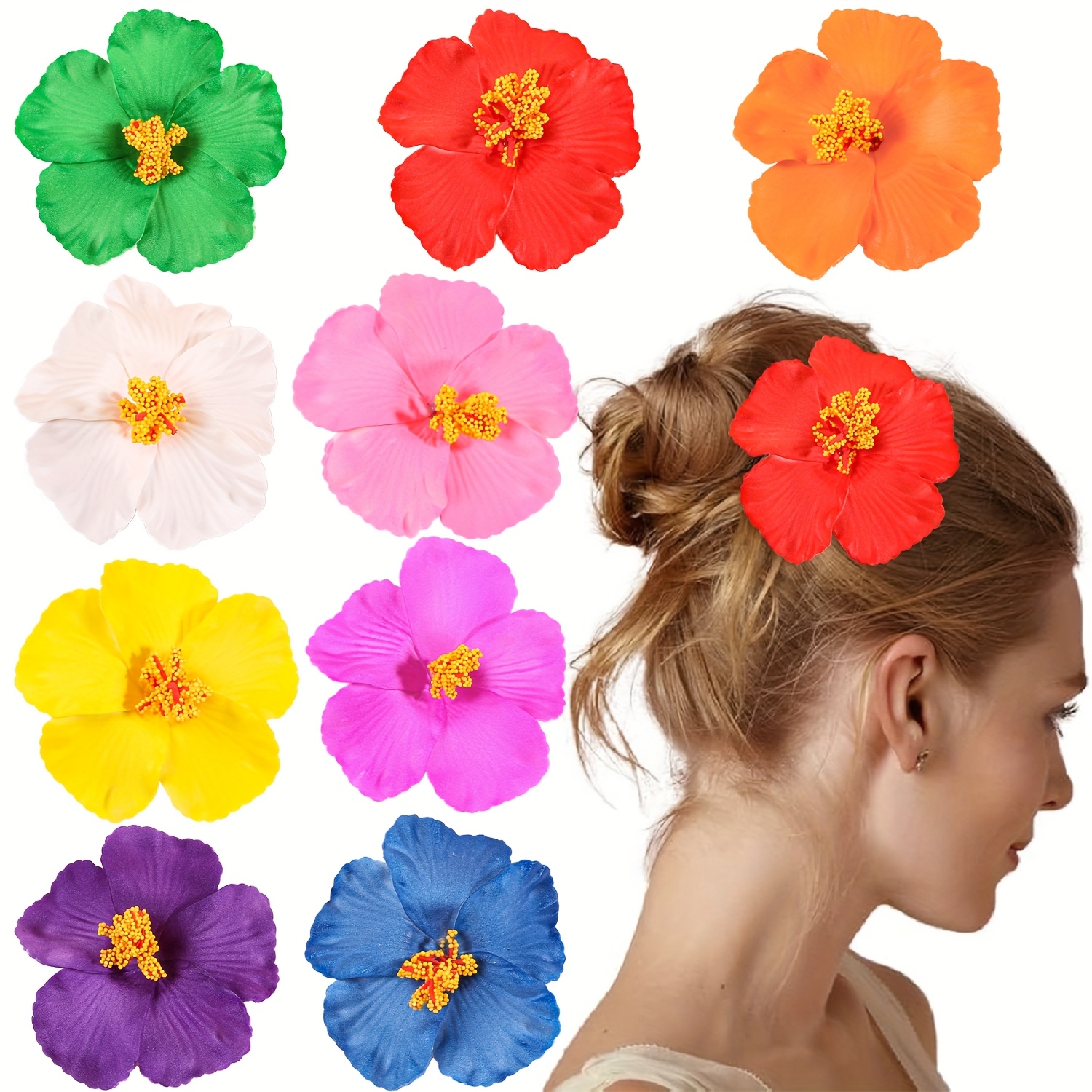 

9pcs Bohemian Style Fabric Hair Clips Set, Elegant Solid Color Floral Hairpins, Hibiscus Flower Hair Accessories For Women, Beach Vacation Hair Decor, Essential