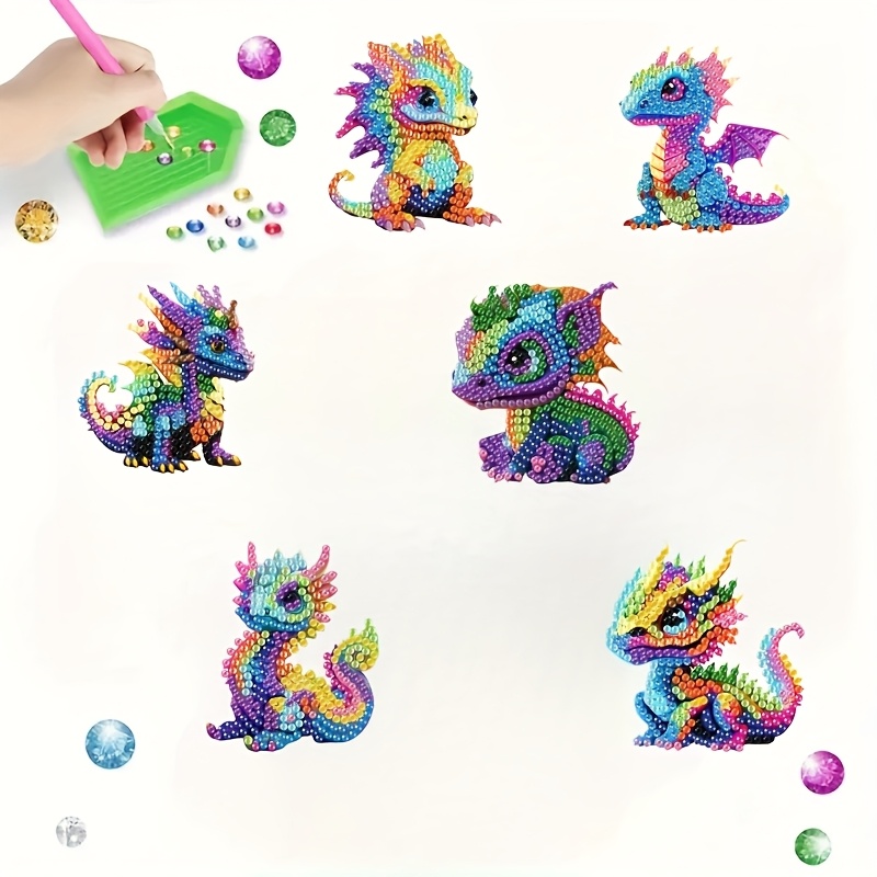 TEMU 2d/flat 6pcs Colorful Dragon Refrigerator Magnet Set - Vibrant Acrylic Craft Kit With Round Diamonds, Ideal For Fridge And Mailbox Decor,