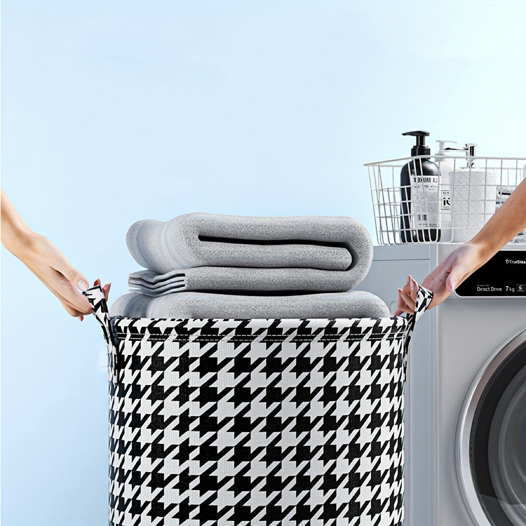   fabric laundry basket with leather handles foldable storage hamper for clothes toys minimalist round design versatile for home kitchen bedroom use details 3