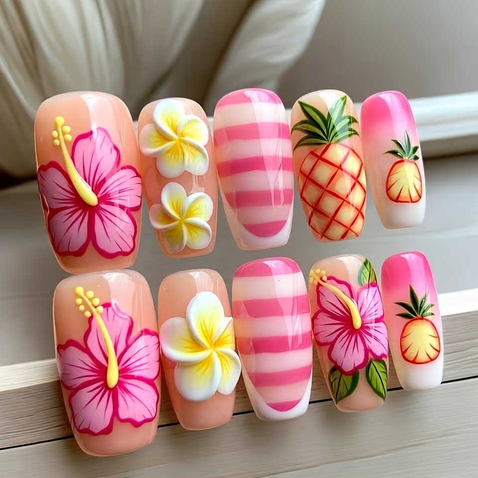 TEMU 10pcs Seaside Hand-painted Fruit And Flower Press-on Nails, Pink With Yellow Flowers And Pineapple, Niche Design Reusable Fake Nails
