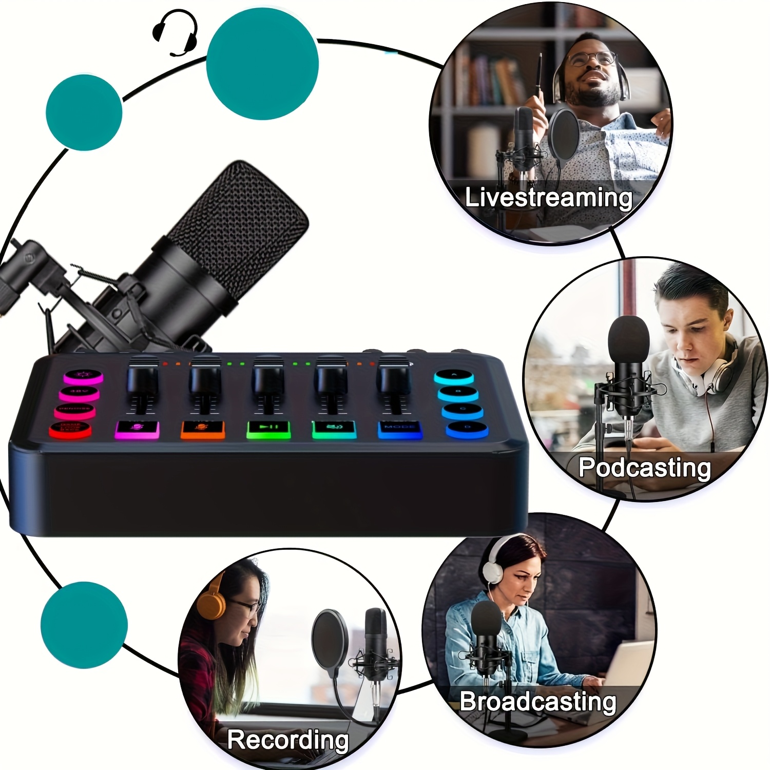 ميكسر لعبة، ميكسر بث مع واجهة ميكروفون XLR، ميكسر RGB للكمبيوتر مع تحكم في مستوى الصوت، 48 فولت للطاقة الخفية للاستخدام في البث/التسجيل/صوت الألعاب