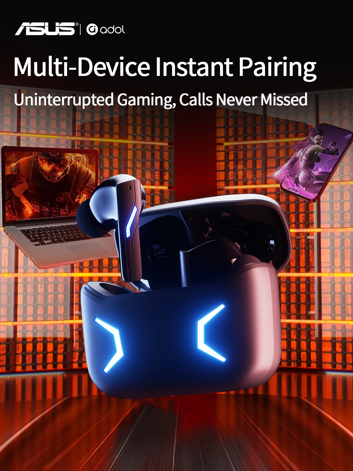 Écouteurs sans fil ASUS avec connexion stable 5.3, microphone intégré, grand diaphragme dynamique de 13 mm, étui de charge rapide Type-C, son stéréo HD, effets lumineux cool et écouteurs confortables pour le gaming et le travail, casque de jeu | Casque élégant