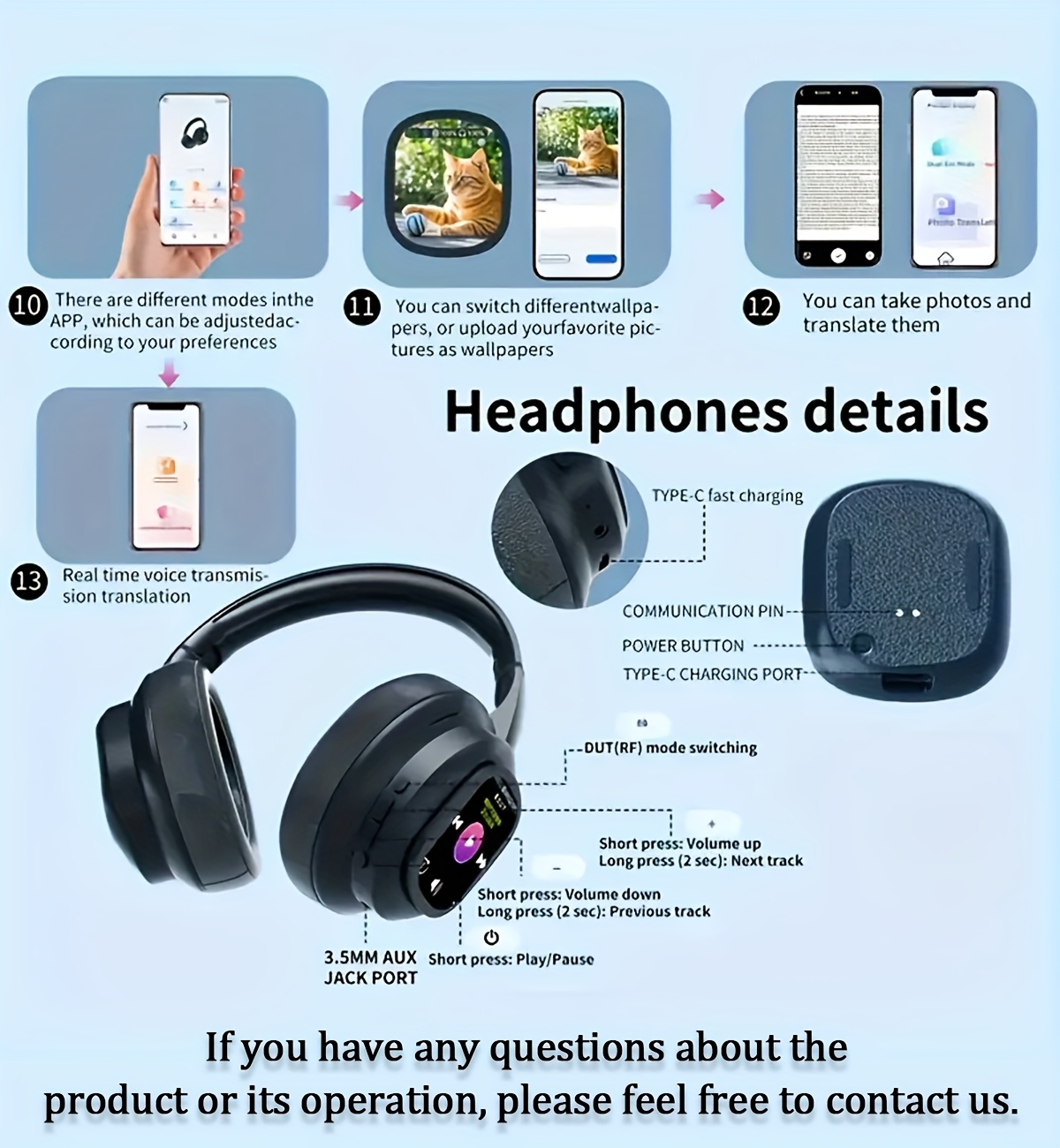 New Hybrid Active Noise-cancelling Headphones(with Touchscreen), Intelligent AI Translation, Remote Control Photography, Wireless Headphones with Microphone, Soft Ear Pads, Multiple EQ Bass, Comfortable Fit Ear Cups, Suitable for Tablets