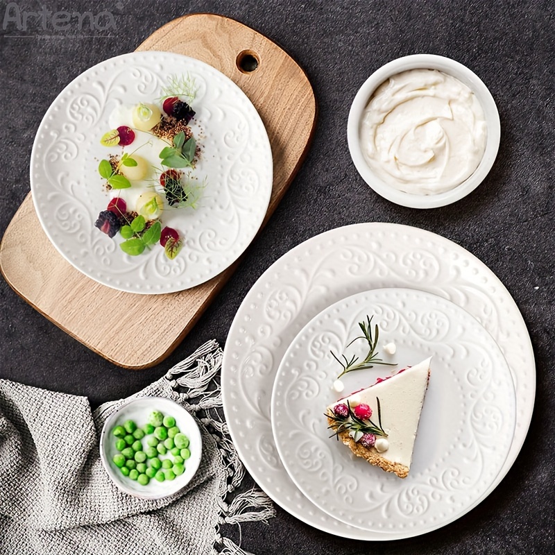 

4pcs Ceramic Dinner Plates, Embossed White Kitchen Plates For Salad, Dessert, Appetizer, Steak, Serving Dishes For Entertaining, Modern Large Flat Plates For Restaurant, Parties.