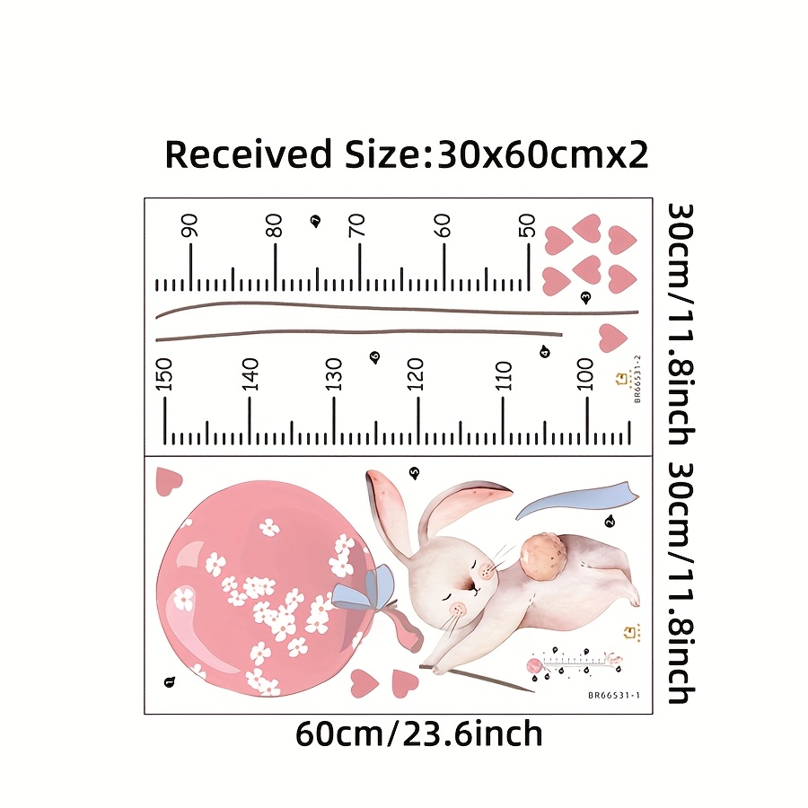 Image of 1pc Cute Cartoon Bunny Growth Chart Wall Decals - Adorable Balloons & Ruler Removable Vinyl Stickers, Self-adhesive Kids Room Nursery Decor, Educational Height Measurement For Playroom Room