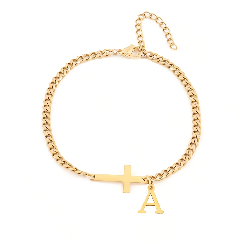 1pc-z26pcs English Letters Electroplated 18k Gold Plated Hexagonal Polished Chain Adjustable Men's/women's Fashion Bracelet, Cross And Letters Unisex Personalized Bracelet Perfect Gift For And Lovers