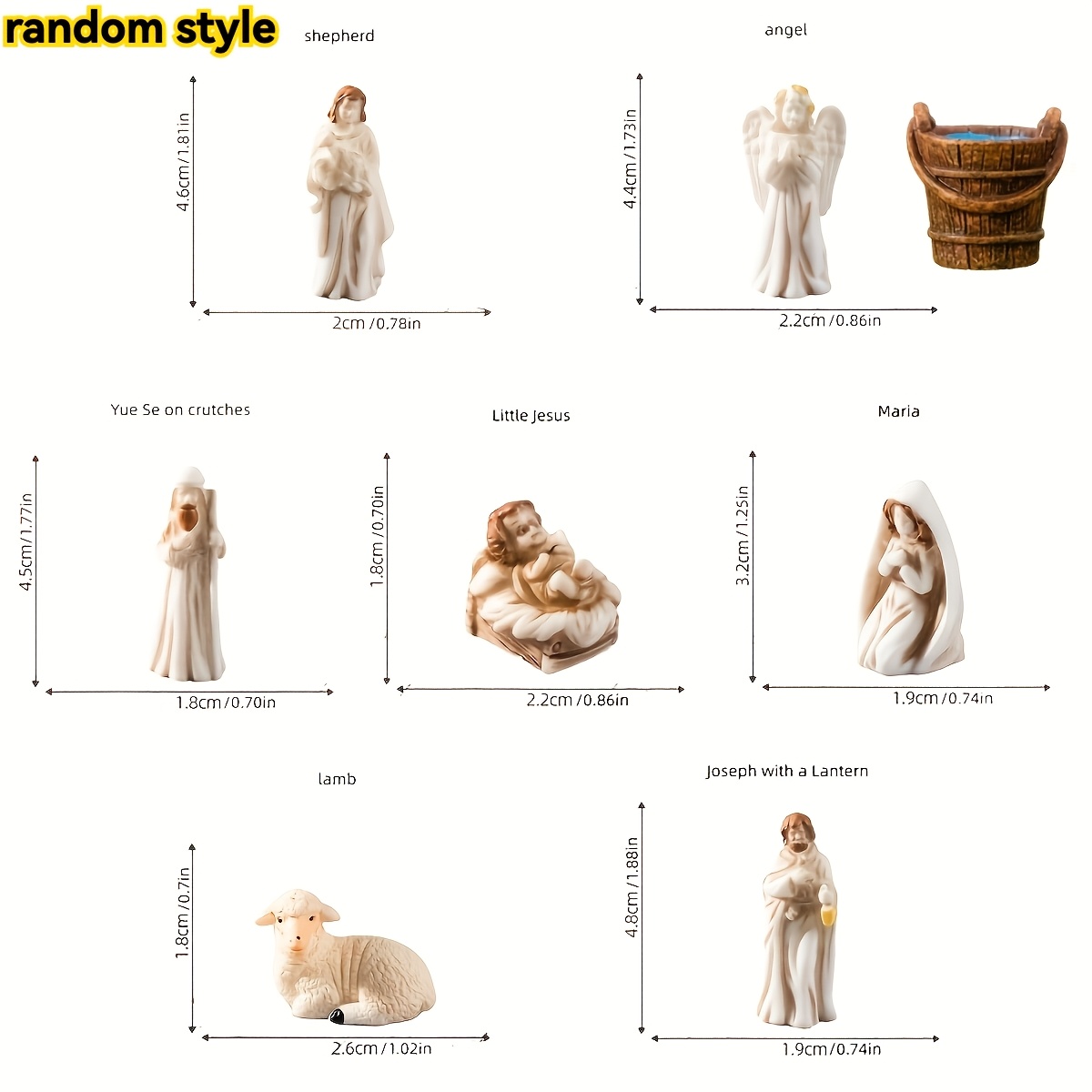 TEMU 8pcs Random Style, Collectible Miniature Nativity Scene Figurine Set, Including Figurines Of The Holy Family, Joseph, And Sheep, Made Of Durable