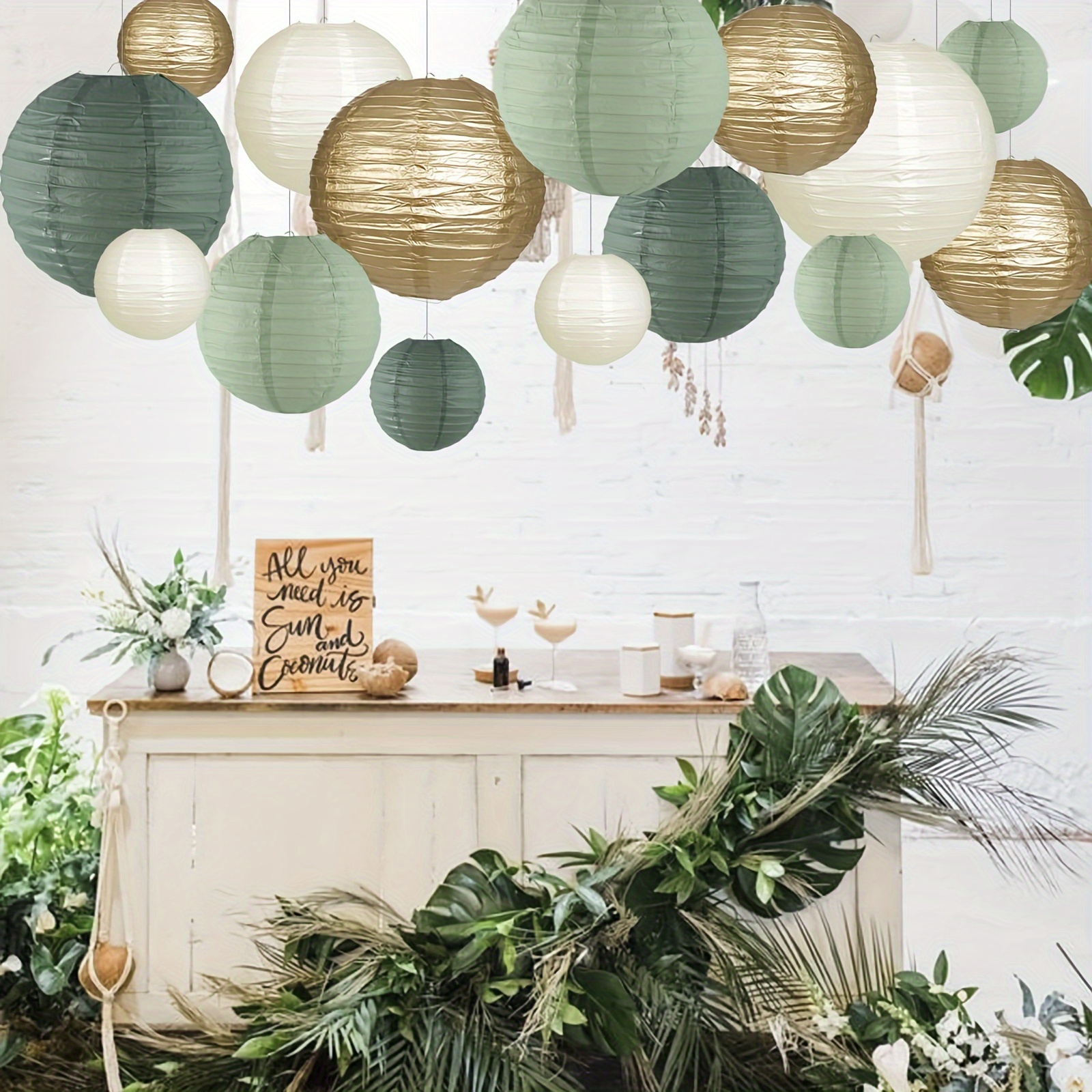 

15-piece Elegant Paper Lanterns - Round Hanging Decorations For Rustic Parties, Bridal Showers & Weddings - Available In Sage Green, Ivory & Gold
