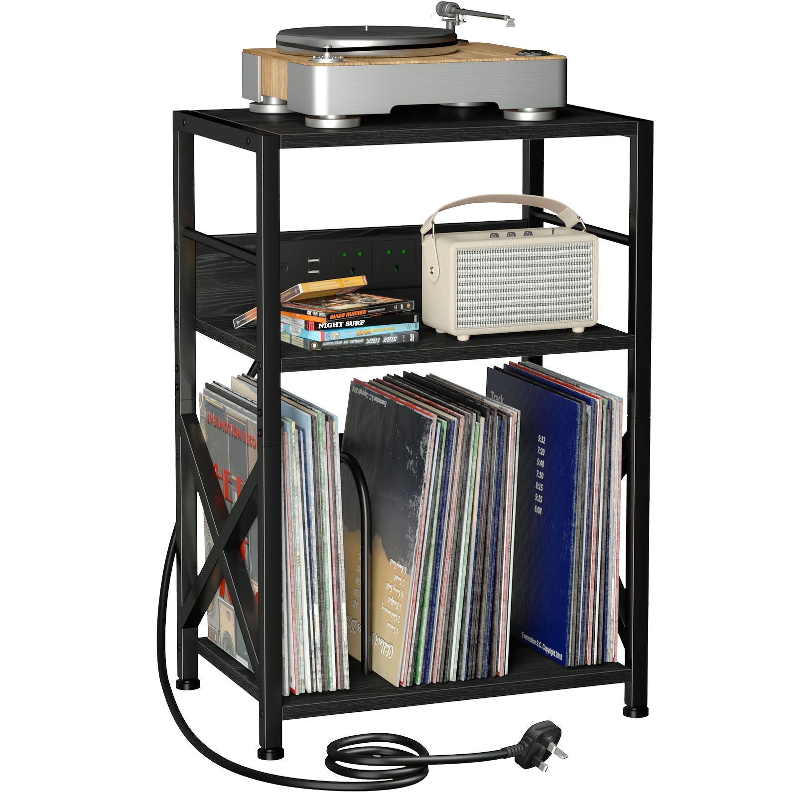 Wooden Record Player Stand with Socket, 3 Layers for 200 Albums