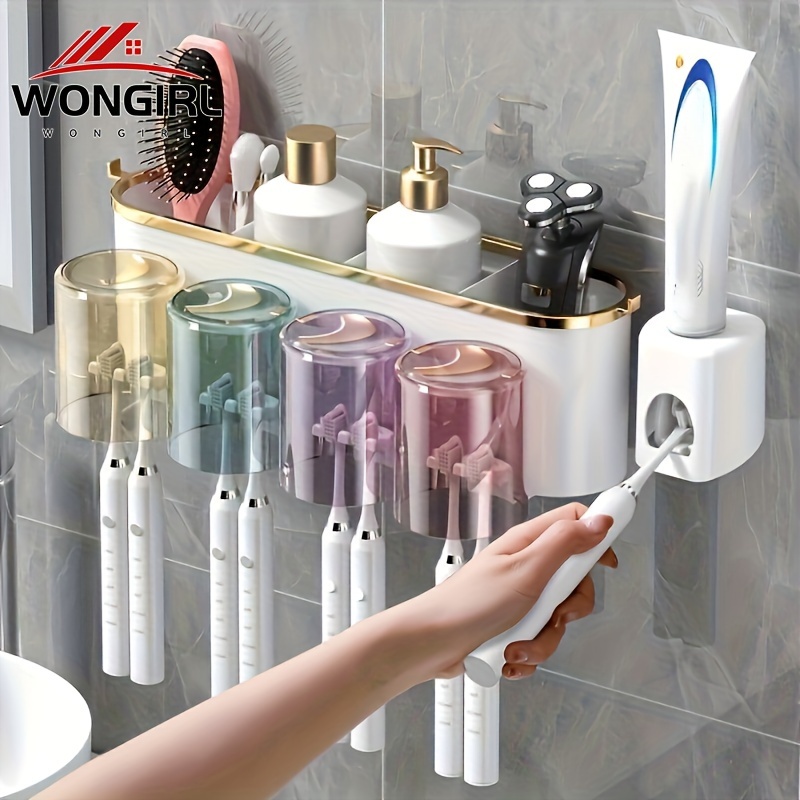 TEMU Space-saving Wall-mounted Bathroom Organizer With Automatic Toothpaste Squeezer, Toothbrush & Mug Holder - Modern Decor Accessory