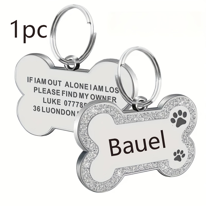 1pc Personalized Glitter Dog Tag - Custom Engraved Bone ID Tag with Name and Text, Pink Sparkle Surface, Paw Print Design, Perfect for Dog Collars & Leashes