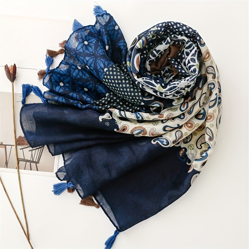 Autumn and Winter Women's Warm Breathable Light and Fresh Comfortable Scarf, Vintage Patchwork Cashew Nut Color Block Print Fringe Scarf, Aesthetic Shawl Chiffon Scarf