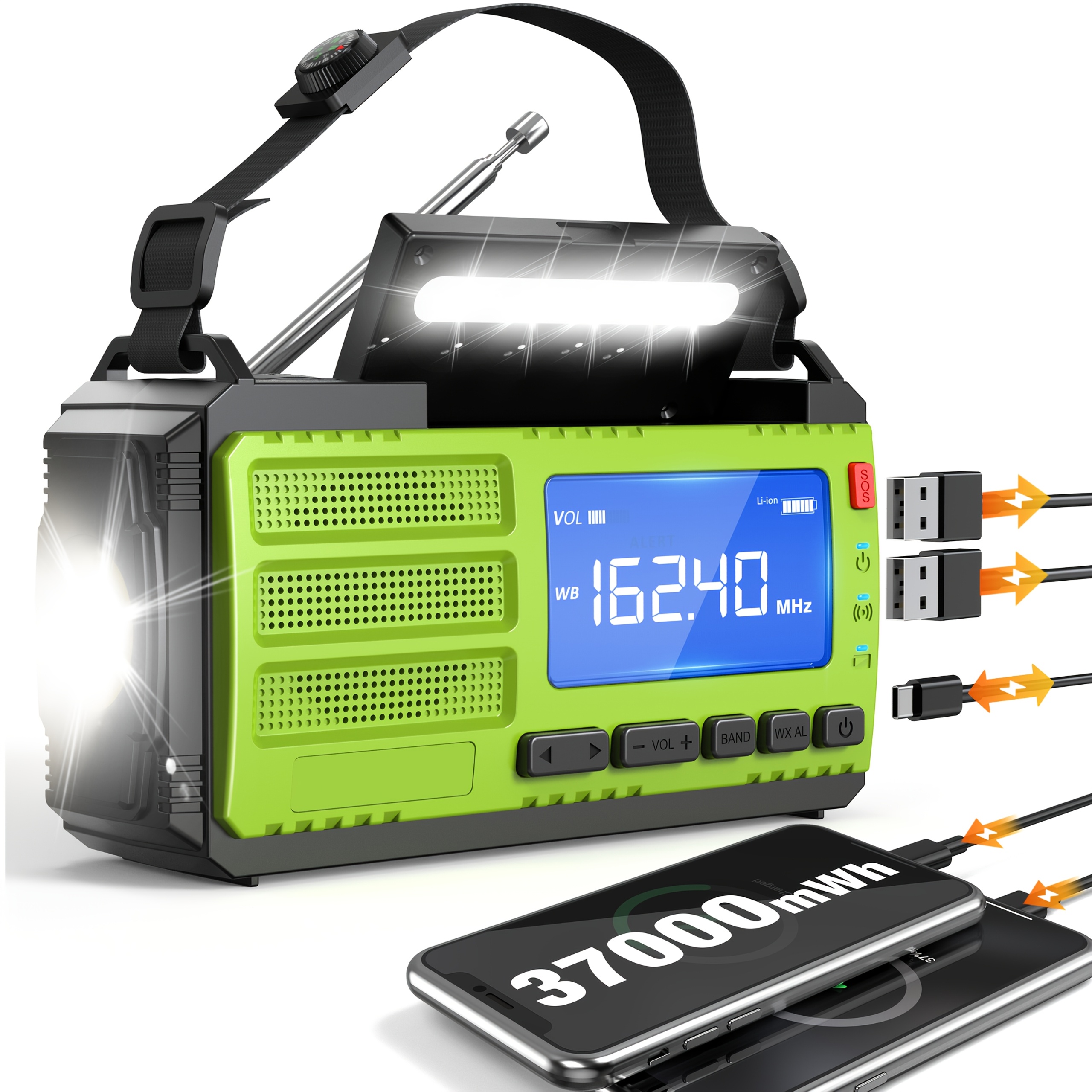 TEMU Am/fm/ Weather Radio, With Lcd Display, Solar Hand Crank Radio 37000mwh (10000mah) 4 Ways To Charge, 3 Mode Flashlight, Type-c Port, Sos Alarm
