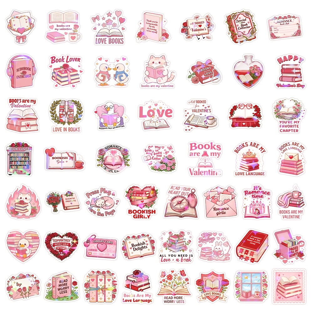Image of A Set Of 52 Laser Star Stickers Designed For Book Lovers, Featuring A Pink Romantic Theme, Including From A Rose Castle And Reading Slogans, Perfect For Decorating Planners And Journals