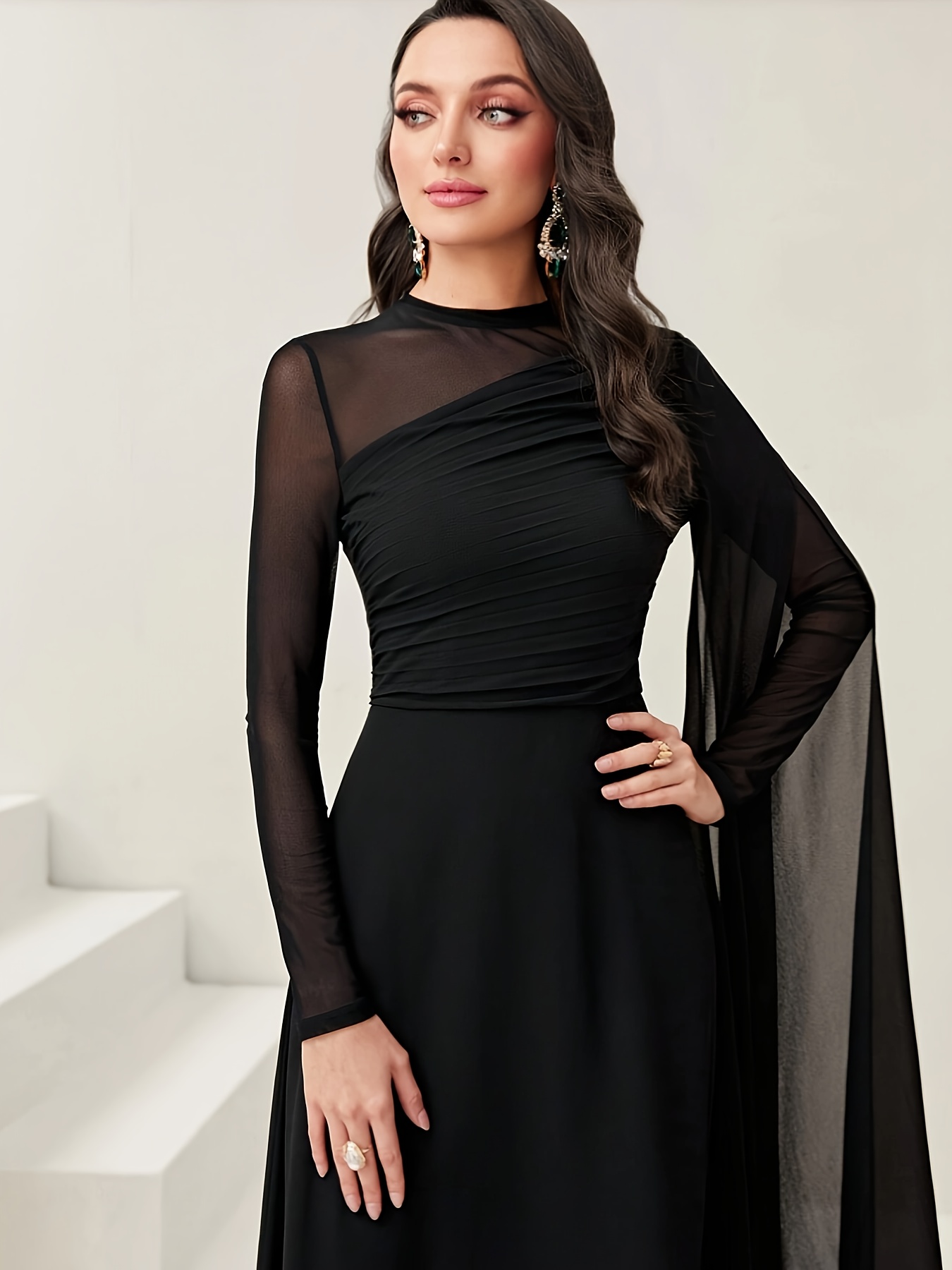 Elegant Women'S Black Mesh Long Sleeve Dress with Sheer Overlay and Floral  Motif Chic Tiered Design, Long Sleeves, Round Neckline Formal
