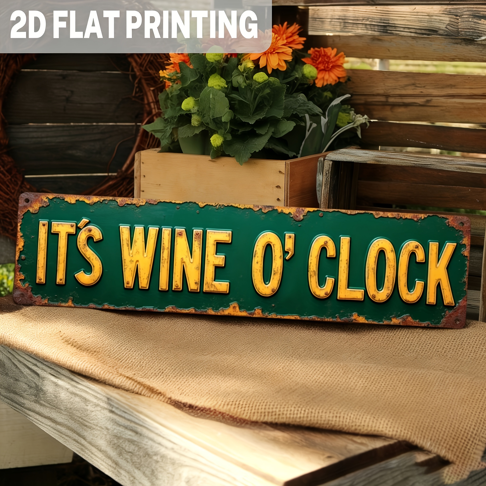 E-shop 2D Flach, 1 Stück Vintage " Wine " Metall Wandschild - Rustikale Grün & Gelb Wein-Themen-Dekoration Geeignet für Bar, Küche, Bauernhaus -