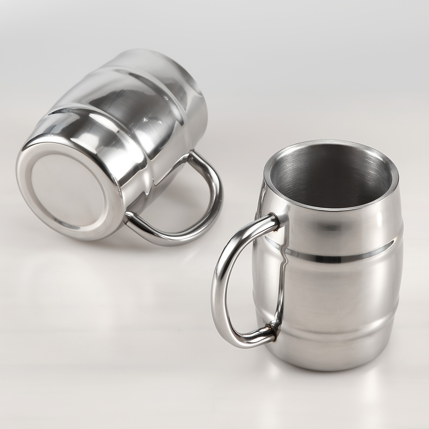 TEMU Lot de 2 chopes tonneaux en acier inoxydable, 15 oz 450 ml, tasse à double paroi avec poignée robuste, gobelet isotherme en métal, tasses de