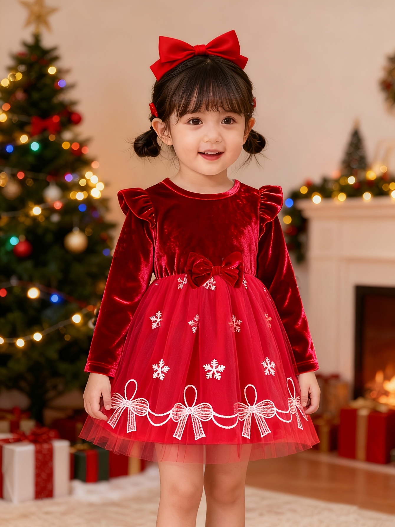 Girls' * Dress, Elegant and * Style, Red Velvet Bow with Small Flutter  Sleeves and Round Neck, Suitable for Autumn, Winter, and Spring. Ideal for  Christmas Parties, Evening Banquets, Weddings * ...