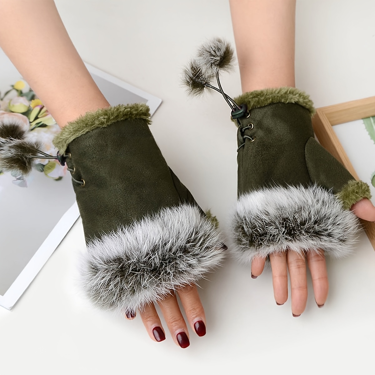 TEMU 1 Pair Women's Warm Fingerless Gloves With Pom-poms - Burgundy Velvet Lace-, Fluffy White Trim, Stylish Winter Accessory For Cold Weather