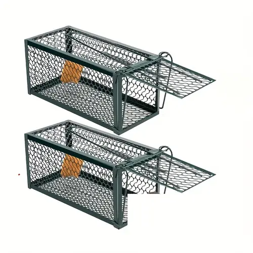 2pcs humane live animal trap cage non toxic with spring loaded door durable metal green outdoor indoor use for mice rats squirrels hamsters release no electricity batteries needed pest management secure containment build nobattery trap garden maintenance rodent removal sturdy construction wildlife rescuers
