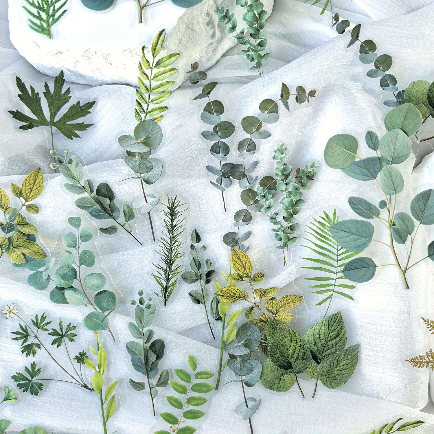 1 Pack Of 40 Pet Green Plant Leaf Diy Decorative Stickers For Scrapbooking