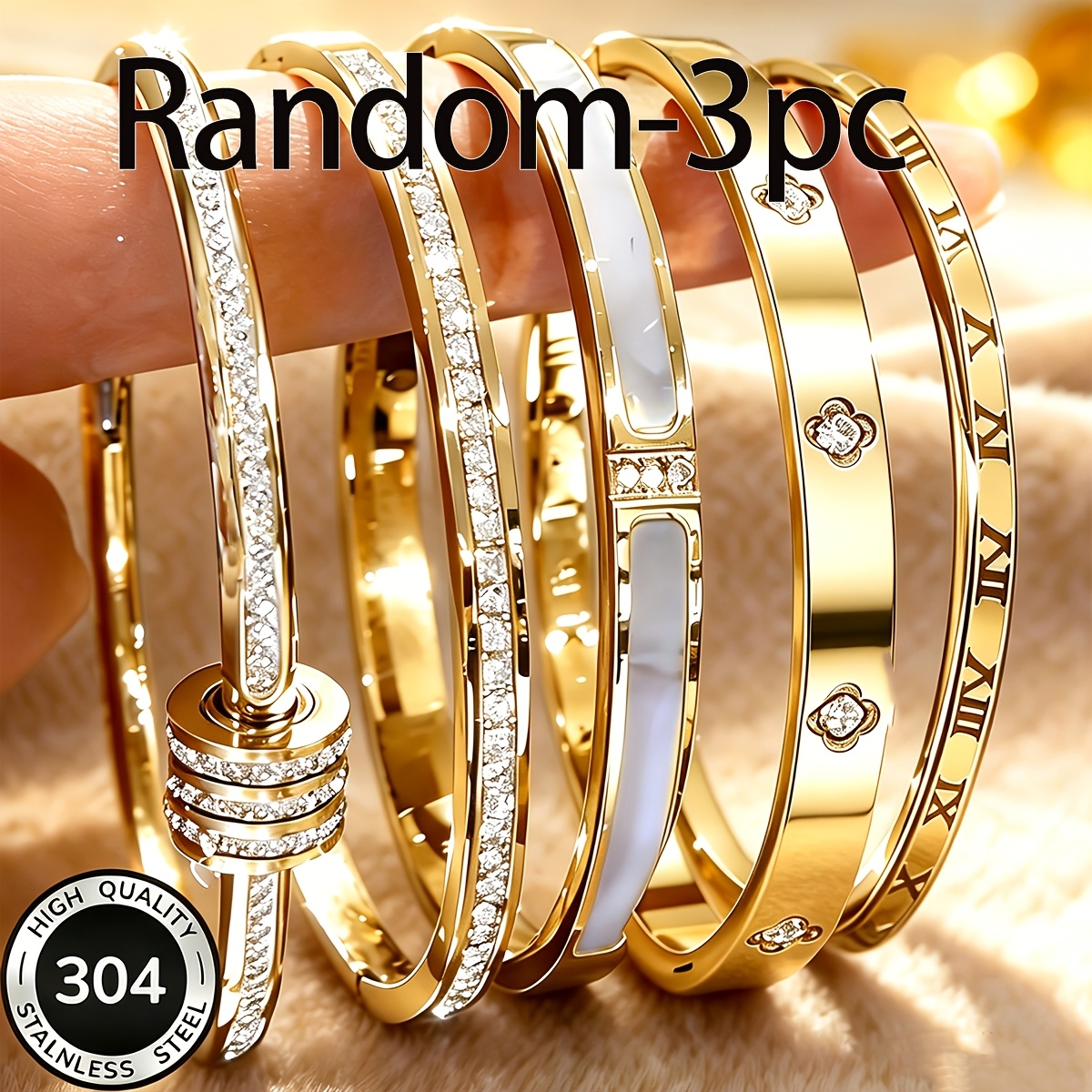 TEMU Random 3pcs Set Of Fashionable And Elegant 304 Stainless Steel Bracelets, Unisex, Perfect For Beach Vacations, Daily Wear, And Valentine's Day