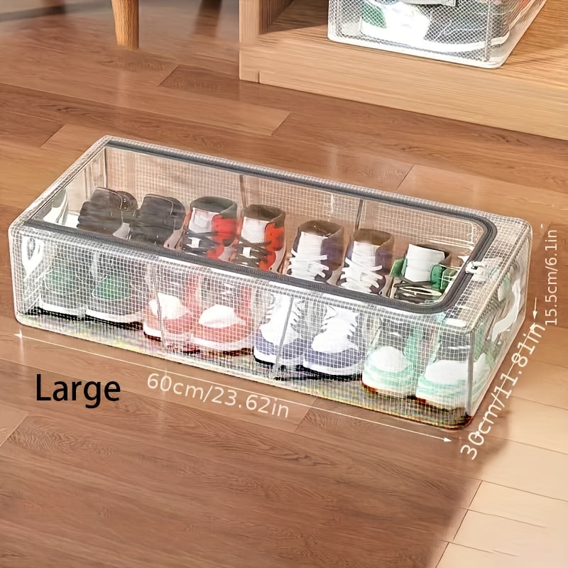 TEMU Transparent Foldable Shoe Storage Box, Thickened Steel Frame Under Bed Organizer For Clothes And Shoes, Stylish Nylon