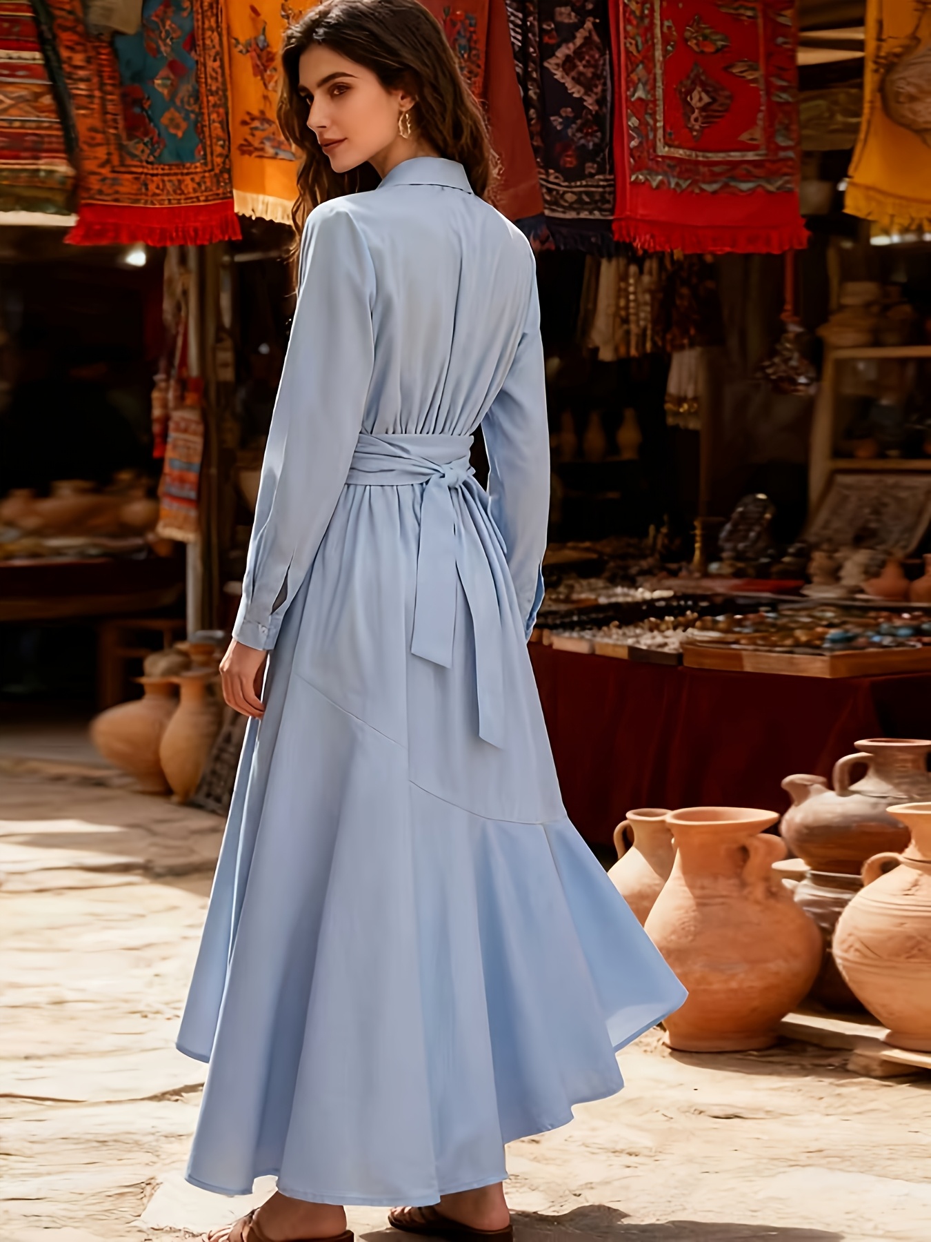 knee length dresses for ladies Plus Size A Line Flowy Dresses Long Sleeve V Neck main image 1