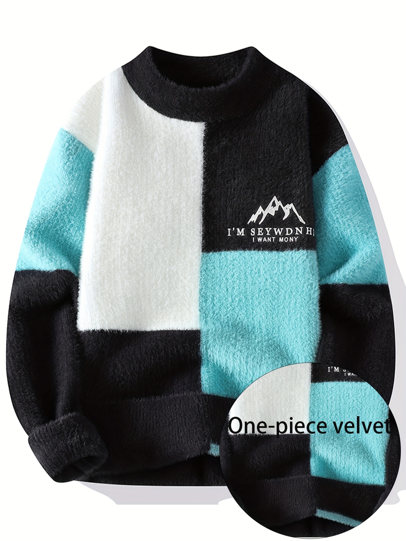 SENMEIGUO Men'S Chunky Knit Sweater, Casual Round Neck, Long Sleeve, Letter Print, Warm Winter Top, Regular Fit, Knitted Fabric, 2024 Fall/Winter Collection