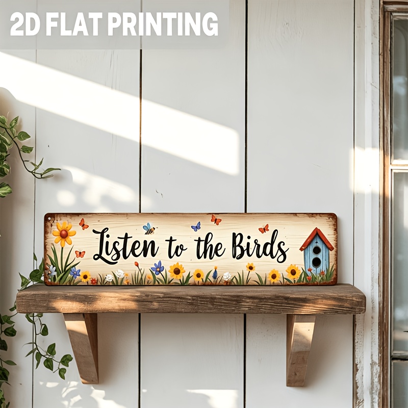 TEMU 2d Flat, 2d Flat - 1pc Rustic "listen To The Birds" Aluminum Wall Sign - Vintage Garden Decor With Colorful Floral & , 9.98x39.98cm, Perfect For