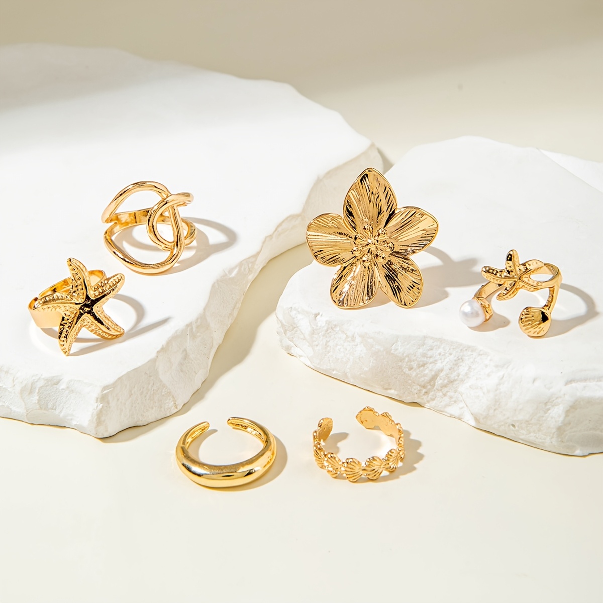 6pcs Boho Starfish Scallop Bead Rhinestone Ring Set