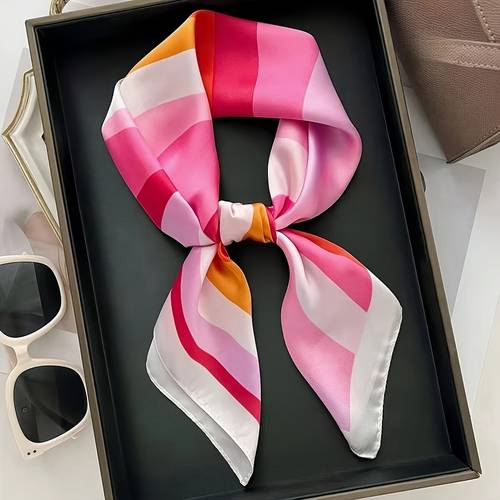 womens pink multi colored satin square scarf soft and lightweight fashion accessory elegant striped design hair band