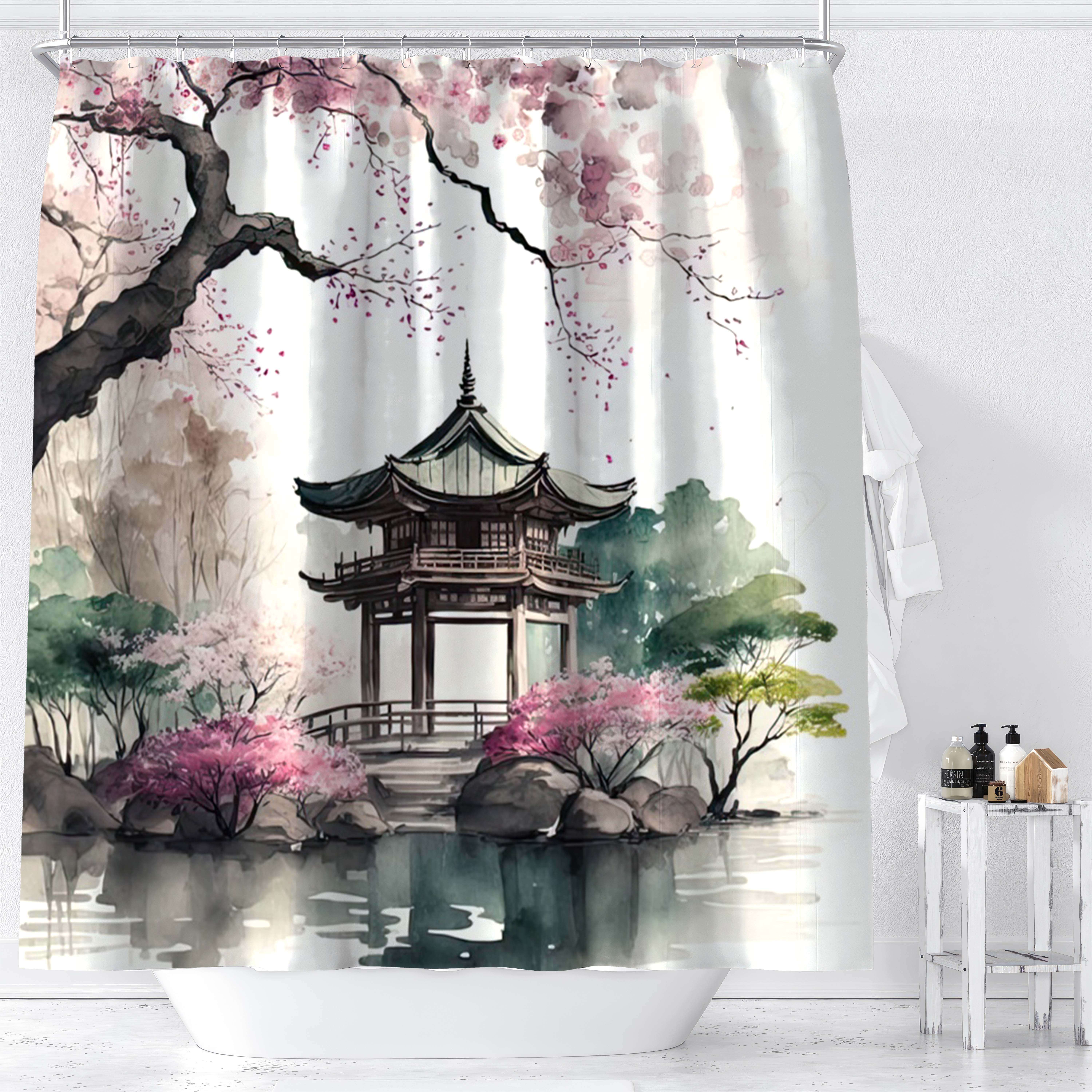 

1pc Chinese Style Colorful Ink Painting Garden Pavilion Lake Trees Flowers Foliage Scenery Digital Print Shower Curtain, Bathroom Decor
