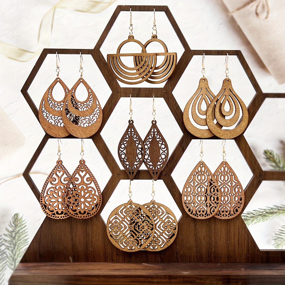 Image of 7 Pairs/set Easy Retro Bohemian Hollow Wooden Earrings And Ear Tassels, Women' Fashion Trendy Classic Coffee-colored Multi-style Set Wooden Lightweight Ear Tassels