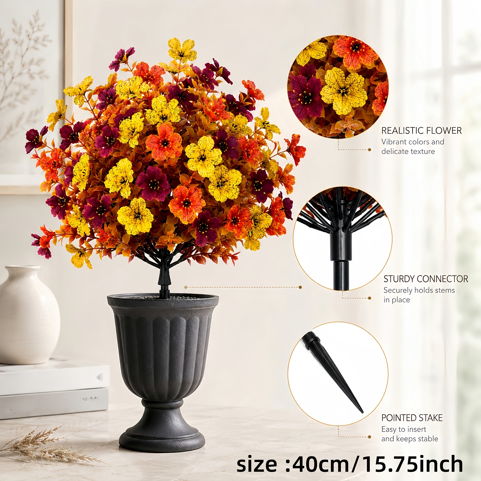 2pcs high end autumn colored artificial pansy bouquet ground stakes yellow orange burgundy mixed color flowers dense orange leaves artificial pansy bouquet lawn flower bed porch courtyard thanksgiving decoration artificial flowers