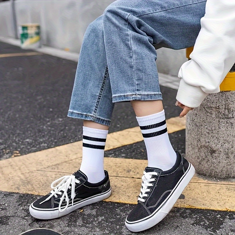 1/6 Pairs Striped Athletic Socks, Simple & Comfy Unisex All-match Mid Tube Socks, Women's Stockings & Hosiery