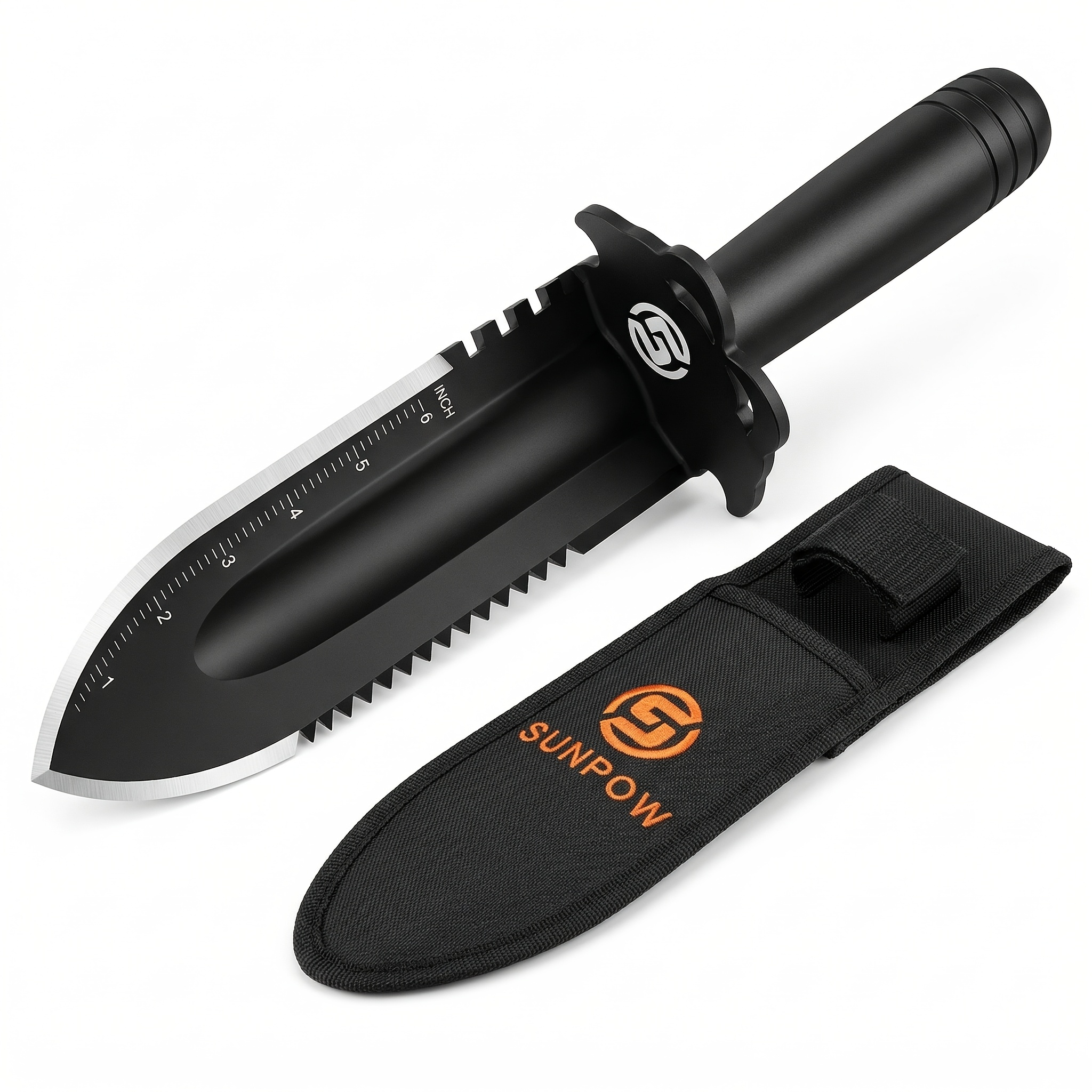 Image of Multifunctional Camping Shovel 12 Inch Heat-treated Steel, Dual Serrated Edge & Depth Gauge With Rugged Sheath, Outdoor Survival Tool For Camping Hiking Gardening