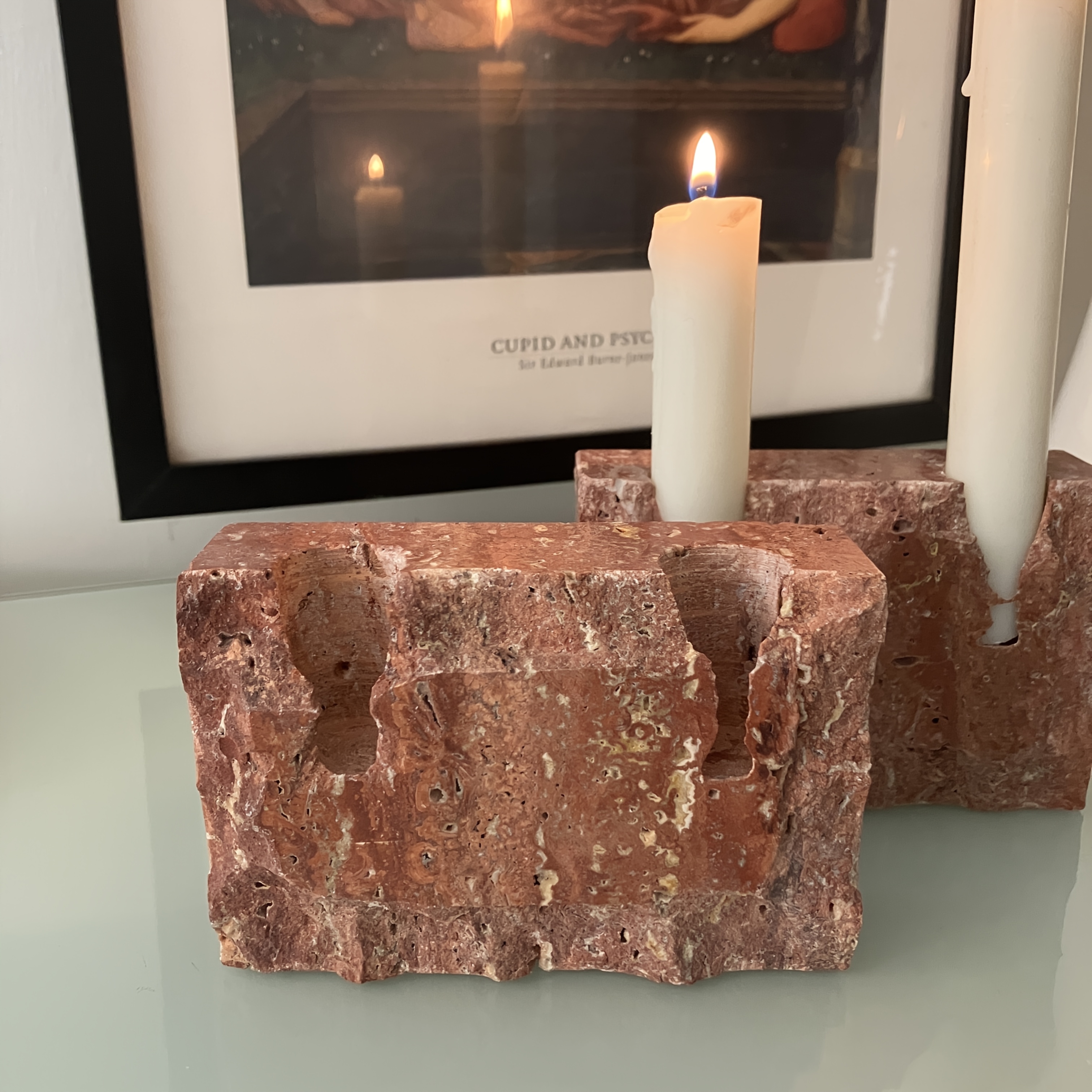 1pc Natural Red Marble Candle Holder - Uniquely Designed Rectangular Two-Hole Candleholder, Holiday Candle Holder, Onyx Candle Holder Base, Travertine Candle Holder, Multi-Branch Candle Holder, Suitable for Weddings, Parties, and Holiday Decoration.