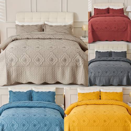 3pcs exquisitely king queen size quilted bedspread set with intricate floral embroidery 100 polyester wrinkle resistant lightweight a to your bedroom decor