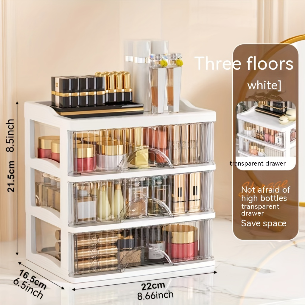 Image of Elegant White Multi-drawer Cosmetic Organizer - Lightweight, Scent-free Plastic Vanity Storage Cabinet With Transparent For Makeup, Skincare, Jewelry & Accessories - Ideal For Desktop Organization