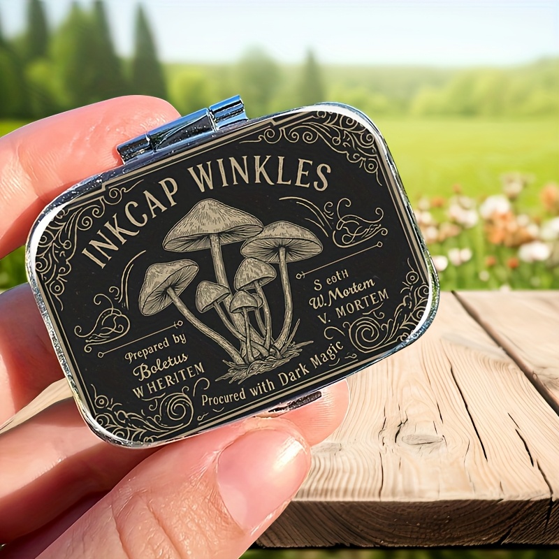 1pc Mushrooms, Decorative, Text Square Pill Box, Mini Pill Box, 2 Compartment Medicine Pill Organizer, Household Portable Medicine Storage Box, For Pockets Purses Travel Unique Gift