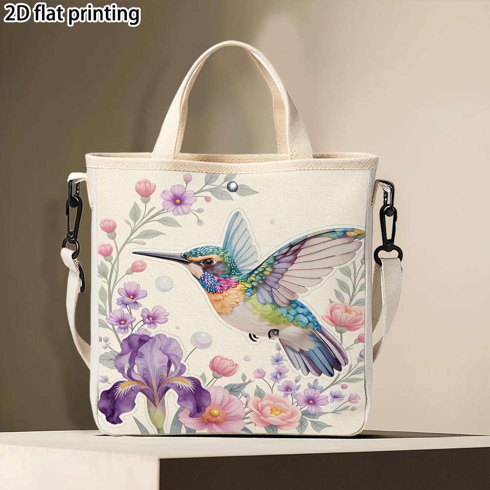 TEMU 1pc Handbag, Spring Floral Hummingbird Pattern Reusable Bag, Shopping. Fashionable And , Ideal For Festivals And Travel